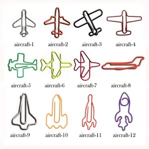 shaped paper clips in various aircraft outlines, airplane paper clips