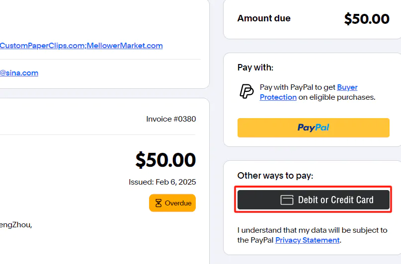 PayPal invoice for paperclips